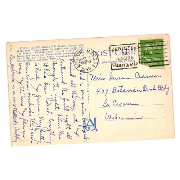 Vintage 1940 Boston State House Shaw Memorial Postcard Stamped Roadside Politics - Picture 2 of 2